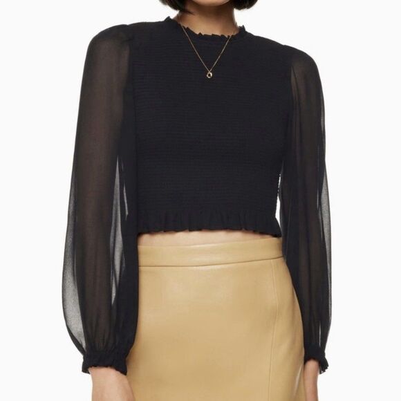 Aritzia Tops - Aritzia Wilfred Tempest Blouse Sheer Long Sleeve Black Smocked Cropped Medium
